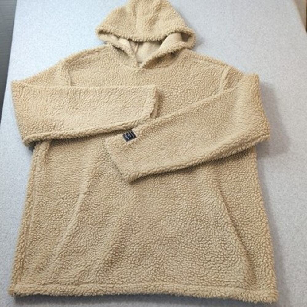 Pacsun Teddy Sherpa Mens Hoodie Size LG Tan Fleece Pullover Kangaroo Pockets